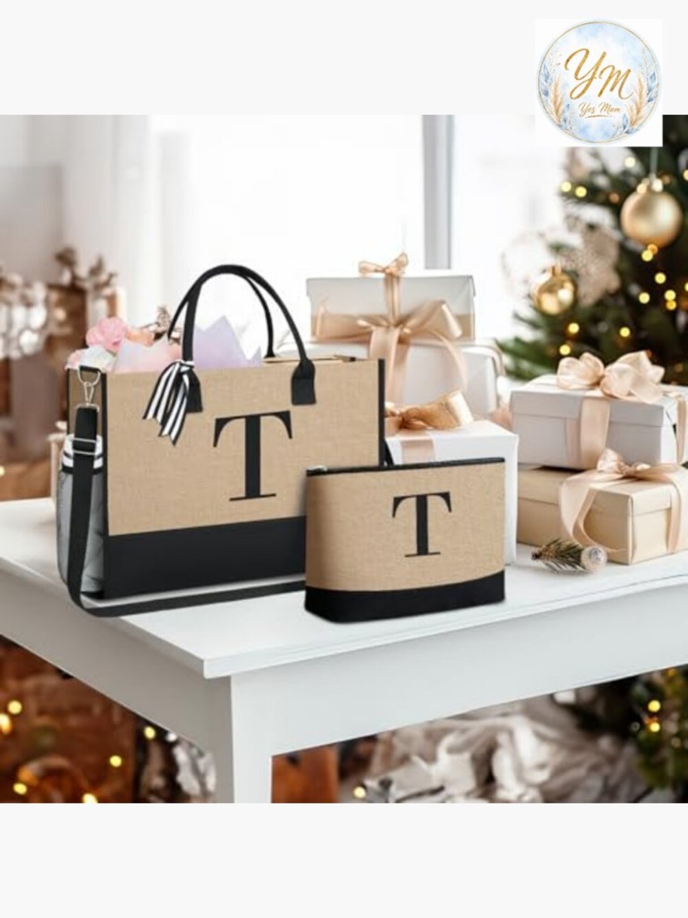 Monogrammed Initial Tote Bag with Matching Cosmetic Case, Top Zipper, Inner - Picture 2 of 7